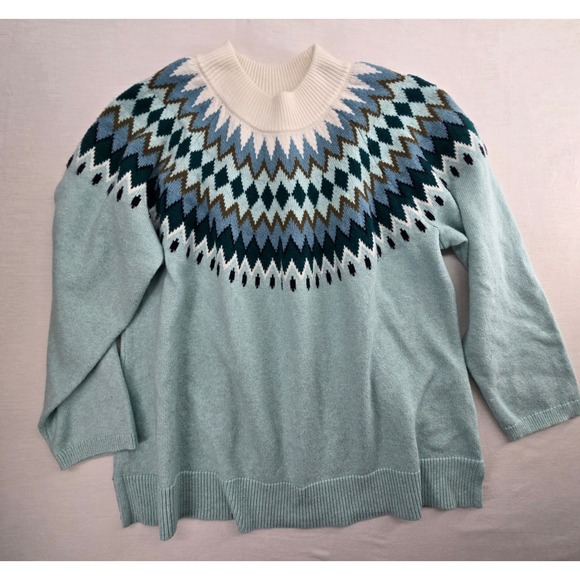 Talbots Sweaters - Talbots Sweater Womens 2X Blue Fair Isle Mock Neck Pullover Preppy Cabin Ski